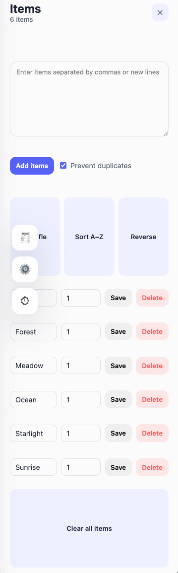 Items panel with inline editing and controls