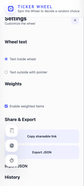 Settings panel with wheel text and weights